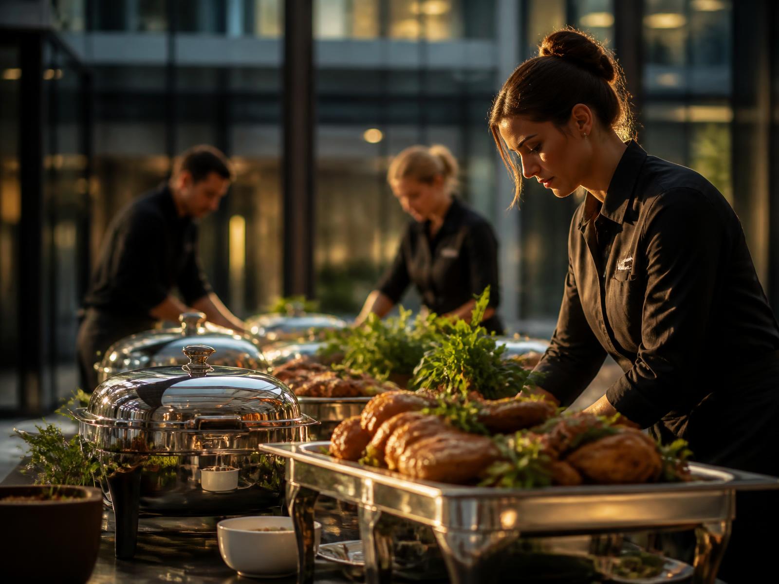 Catering team plating food for a large event