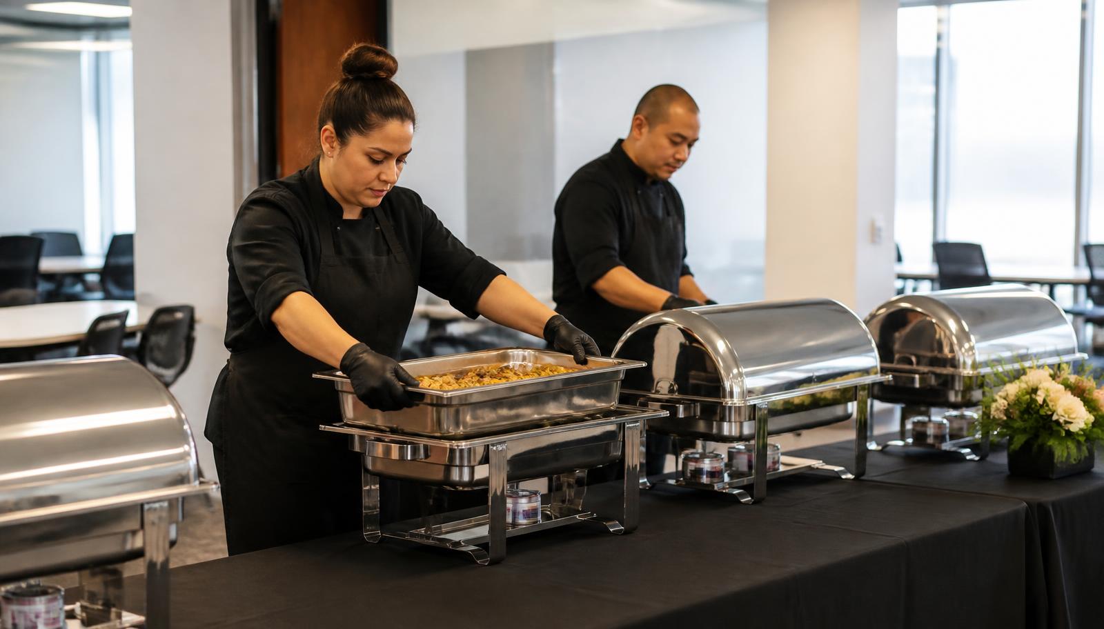 Catering staff setting hotel pans into chafing dishes at an office buffet