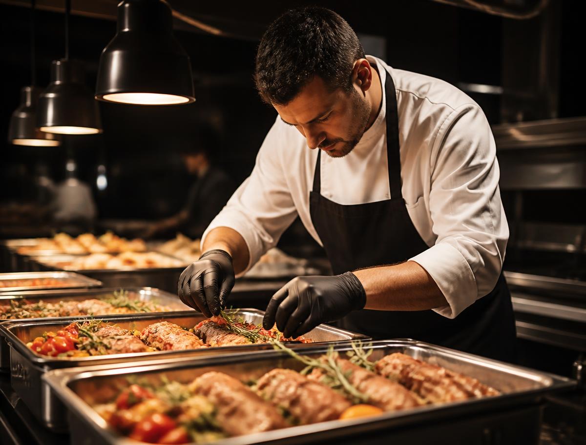 Chefs preparing standardized catering trays in a professional kitchen