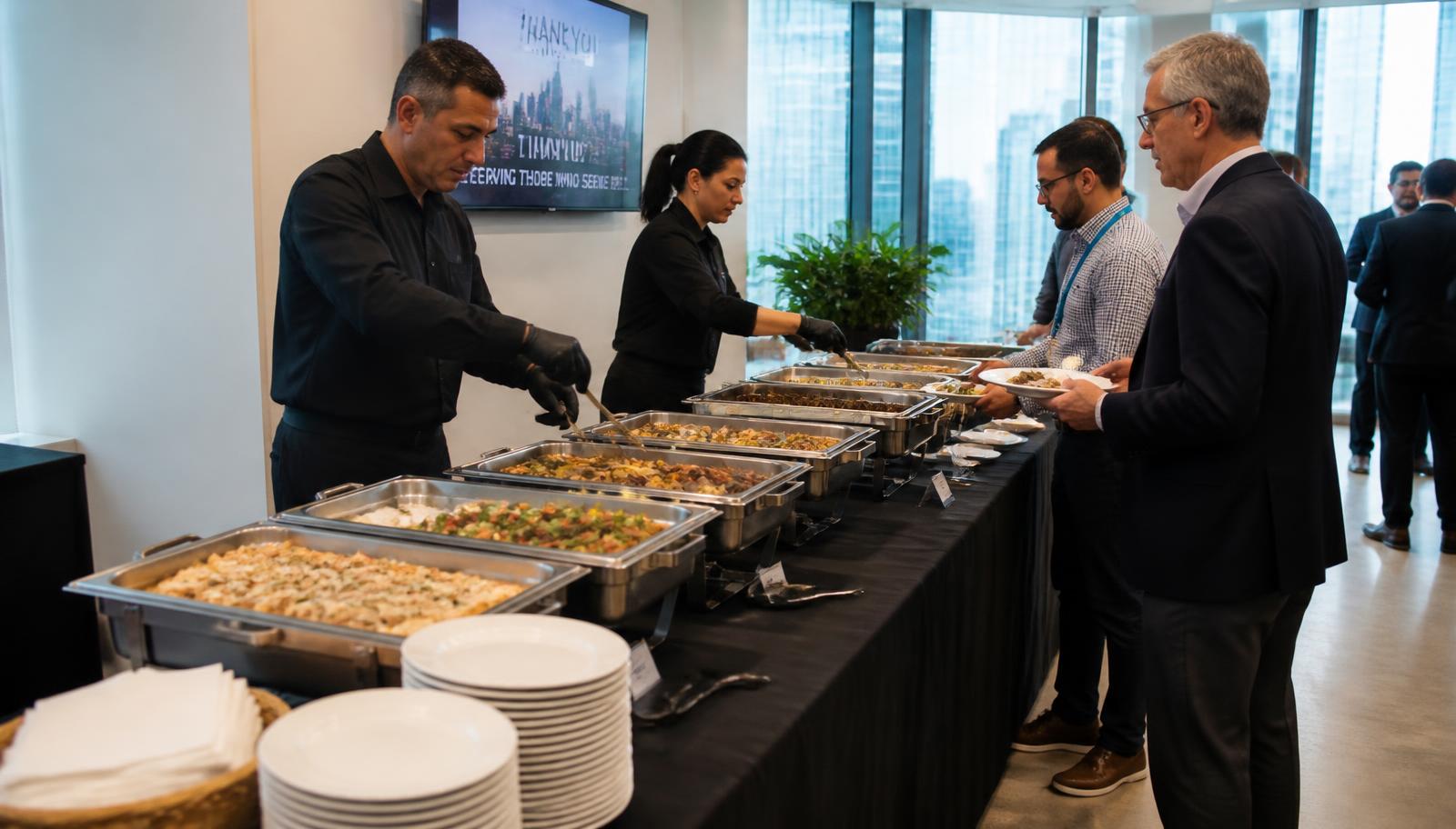 Catered buffet line being served at a corporate event