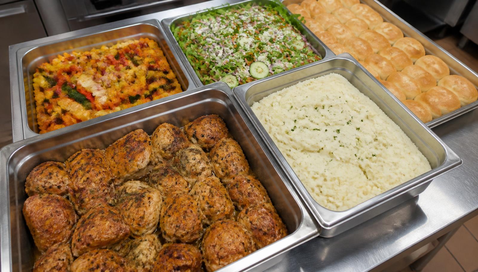 Hotel pans of roasted chicken, mashed potatoes, salad and dinner rolls